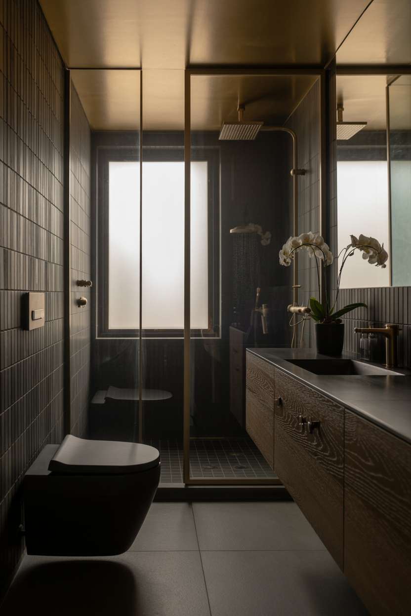 20 Stunning Black Bathroom Ideas for a Bold Modern Look 14 Black and wood bathroom with floating dark wood vanity, black sink, brushed gold fixtures, and glass rain shower