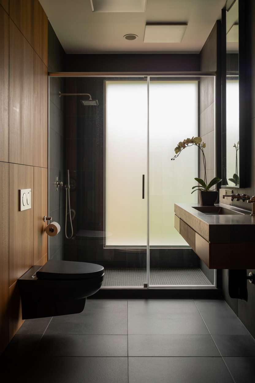 20 Stunning Black Bathroom Ideas for a Bold Modern Look 15 Modern bathroom with black and wood design, floating toilet, glass shower, wooden accent walls, and grey tile flooring