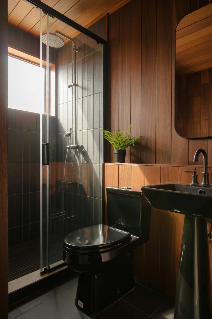 20 Stunning Black Bathroom Ideas for a Bold Modern Look 17 Small bathroom with dark wood paneling, black fixtures, brushed brass hardware, and glass-enclosed shower
