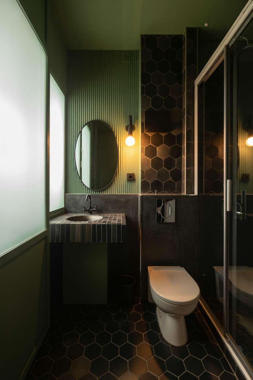 20 Stunning Black Bathroom Ideas for a Bold Modern Look 18 Small bathroom with dark hexagonal floor tiles, forest green accent wall, round mirror, and compact fixtures