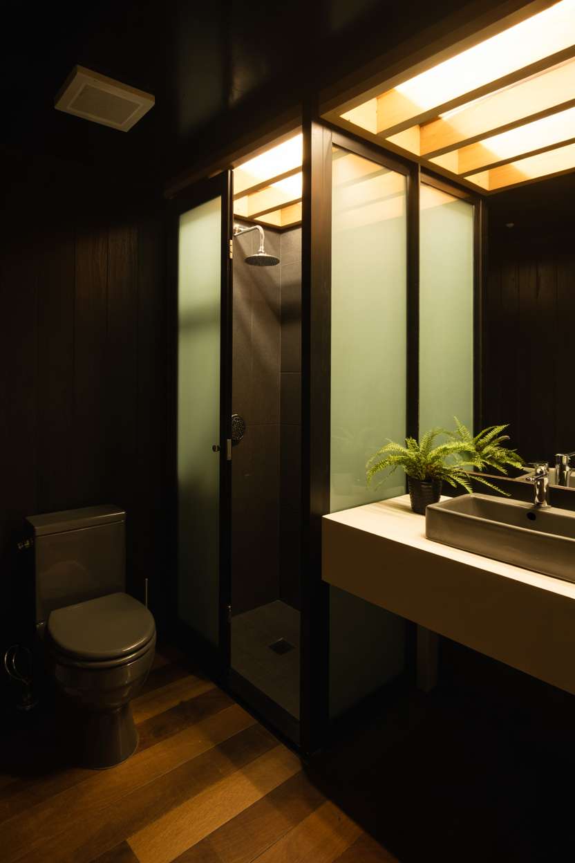 20 Stunning Black Bathroom Ideas for a Bold Modern Look 19 Half bathroom with black fixtures, wood accents, floating vanity, and frosted glass shower doors