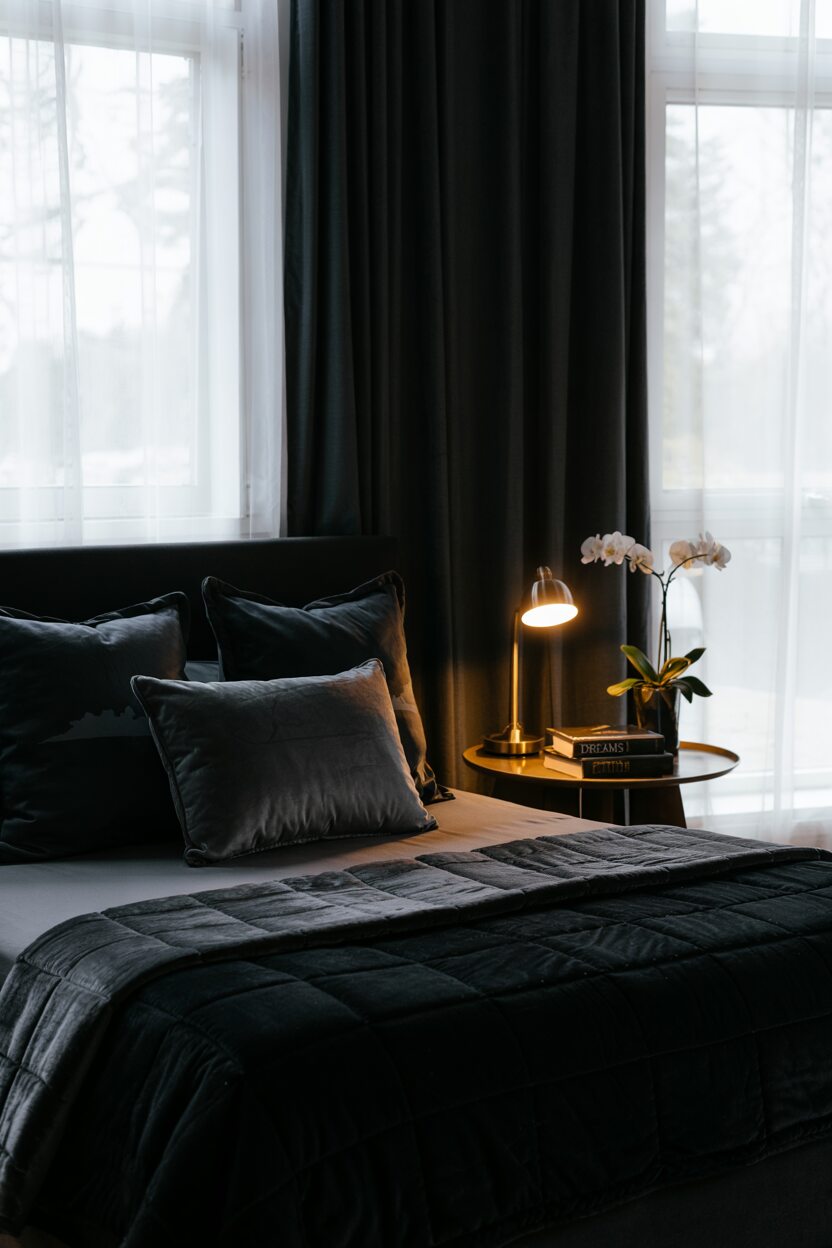 18 Black Bedroom Decor Ideas for a Bold Statement Look 1 Luxurious black bedroom with king-sized bed featuring gray and charcoal velvet pillows