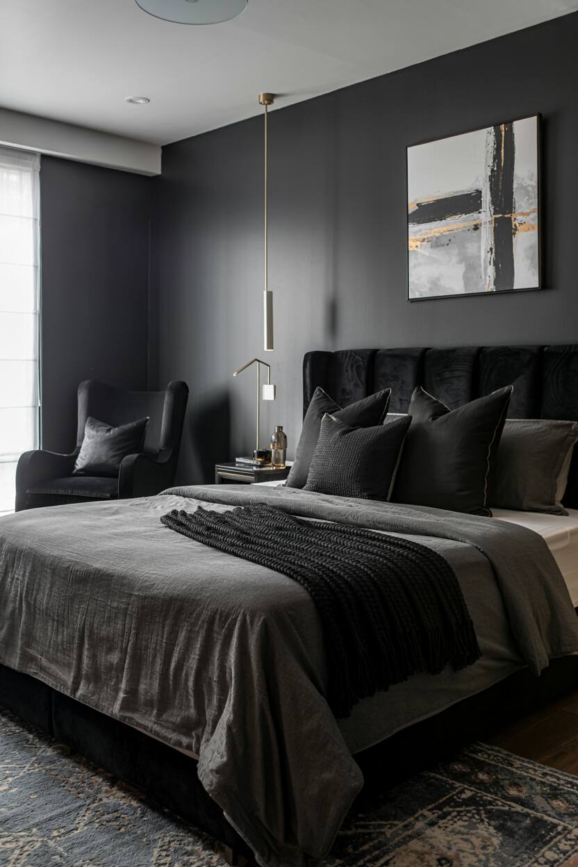 18 Black Bedroom Decor Ideas for a Bold Statement Look 2 Modern black bedroom with king-size bed and textured pillows against charcoal walls