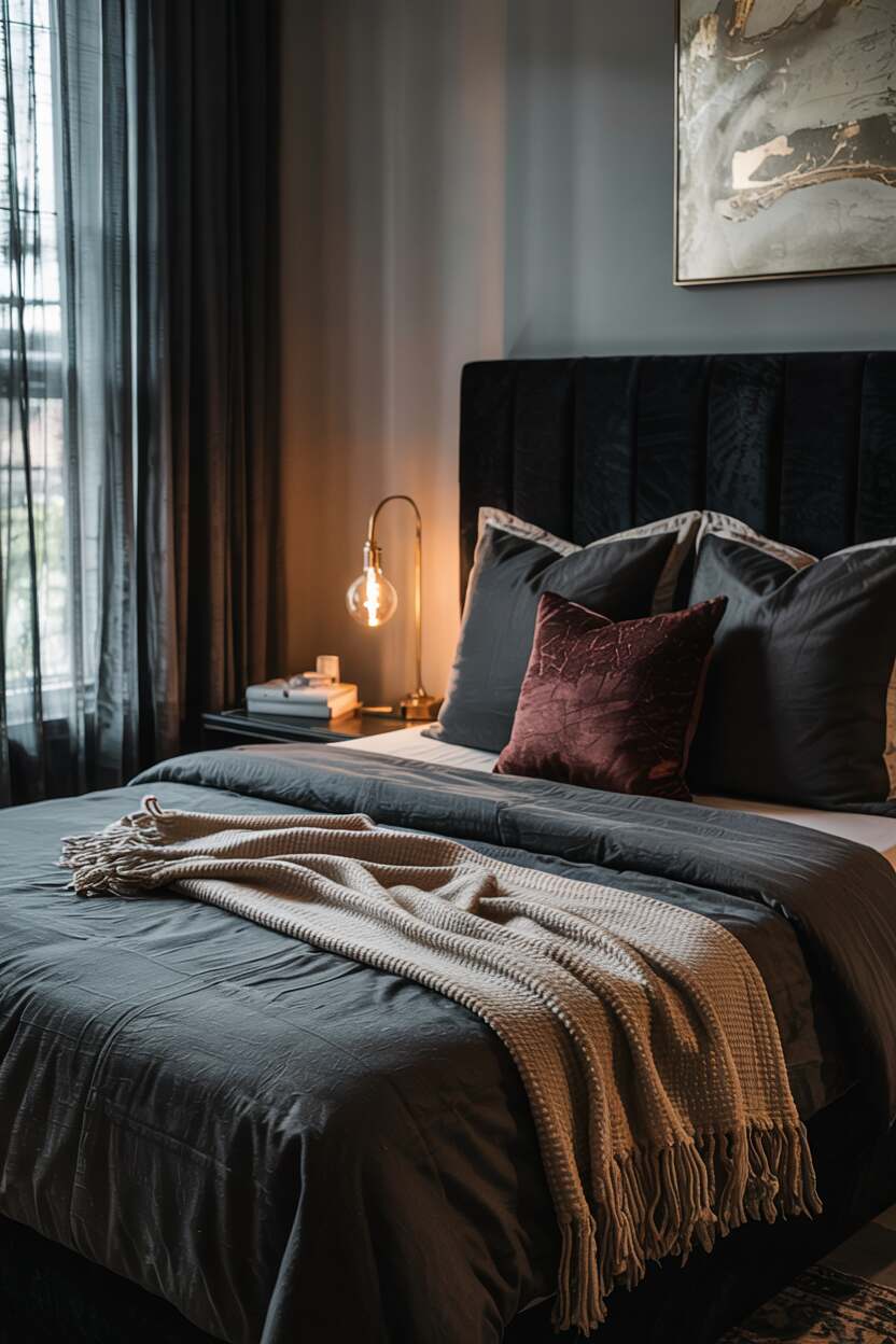 18 Black Bedroom Decor Ideas for a Bold Statement Look 3 Black bedroom with queen-sized velvet headboard bed and burgundy accent pillows