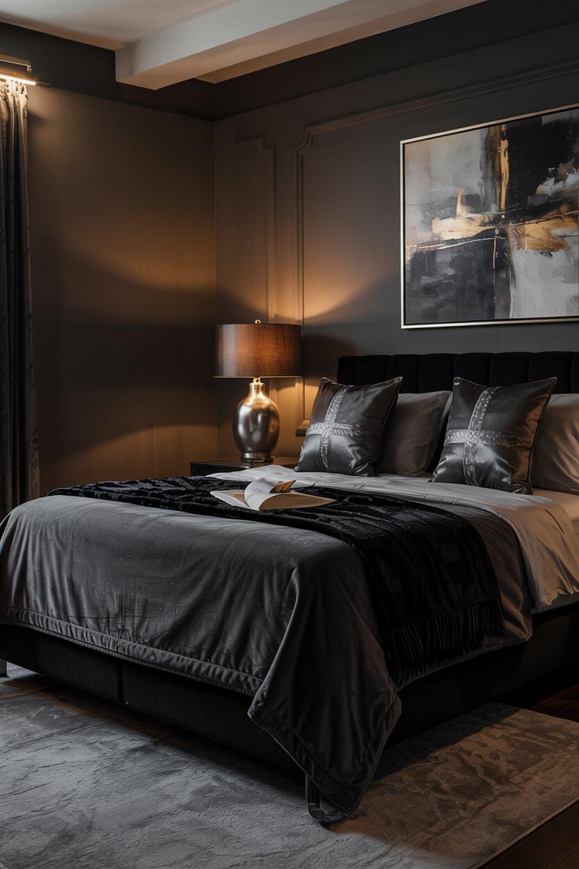 18 Black Bedroom Decor Ideas for a Bold Statement Look 5 Black bedroom with king-sized bed featuring dark grey bedding and silver-accented pillows