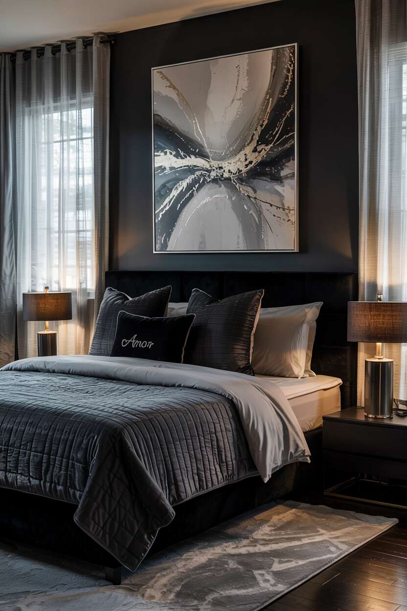 18 Black Bedroom Decor Ideas for a Bold Statement Look 6 Black bedroom interior with king-sized bed and abstract painting above the headboard