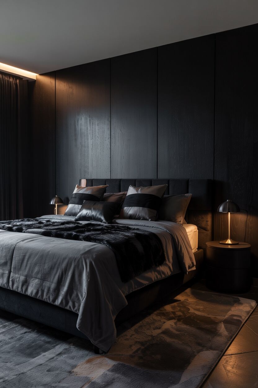 18 Black Bedroom Decor Ideas for a Bold Statement Look 7 Minimalist black bedroom with king-sized bed against textured black accent wall