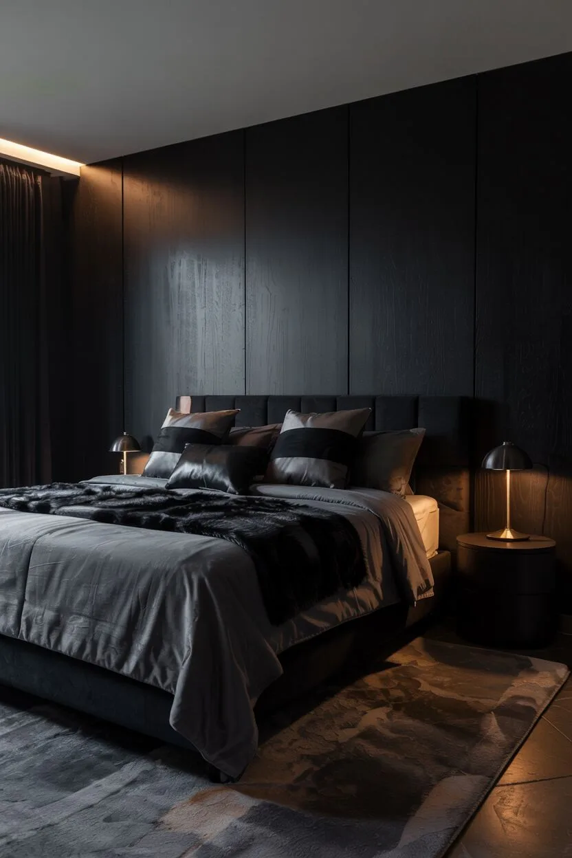 18 Black Bedroom Decor Ideas for a Bold Statement Look 7 Minimalist black bedroom with king-sized bed against textured black accent wall