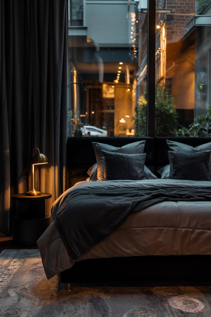 18 Black Bedroom Decor Ideas for a Bold Statement Look 8 Black bedroom with king-sized bed and window showing blurred cityscape at night