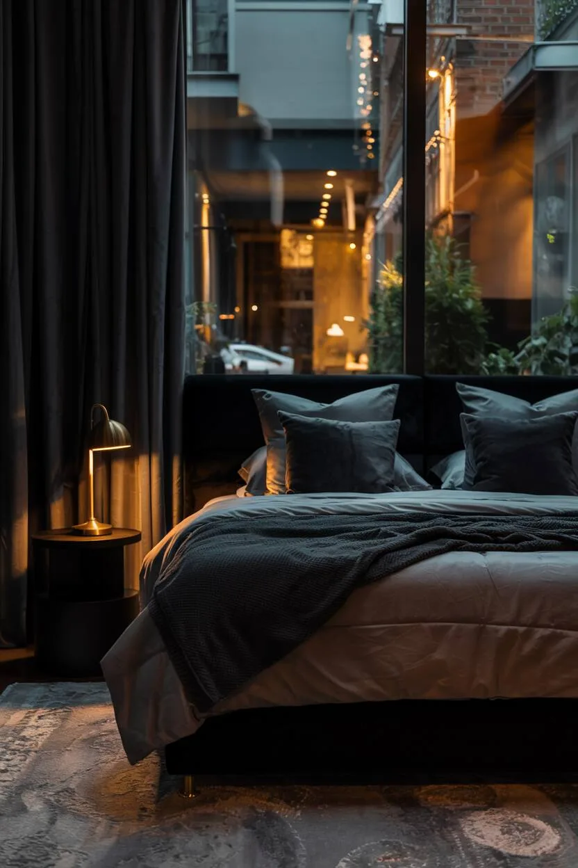 18 Black Bedroom Decor Ideas for a Bold Statement Look 8 Black bedroom with king-sized bed and window showing blurred cityscape at night