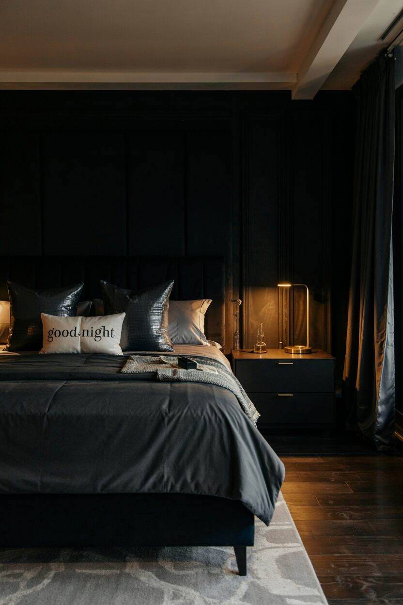 18 Black Bedroom Decor Ideas for a Bold Statement Look 9 Black bedroom with king-sized bed featuring charcoal and silver pillows including a "Goodnight" pillow