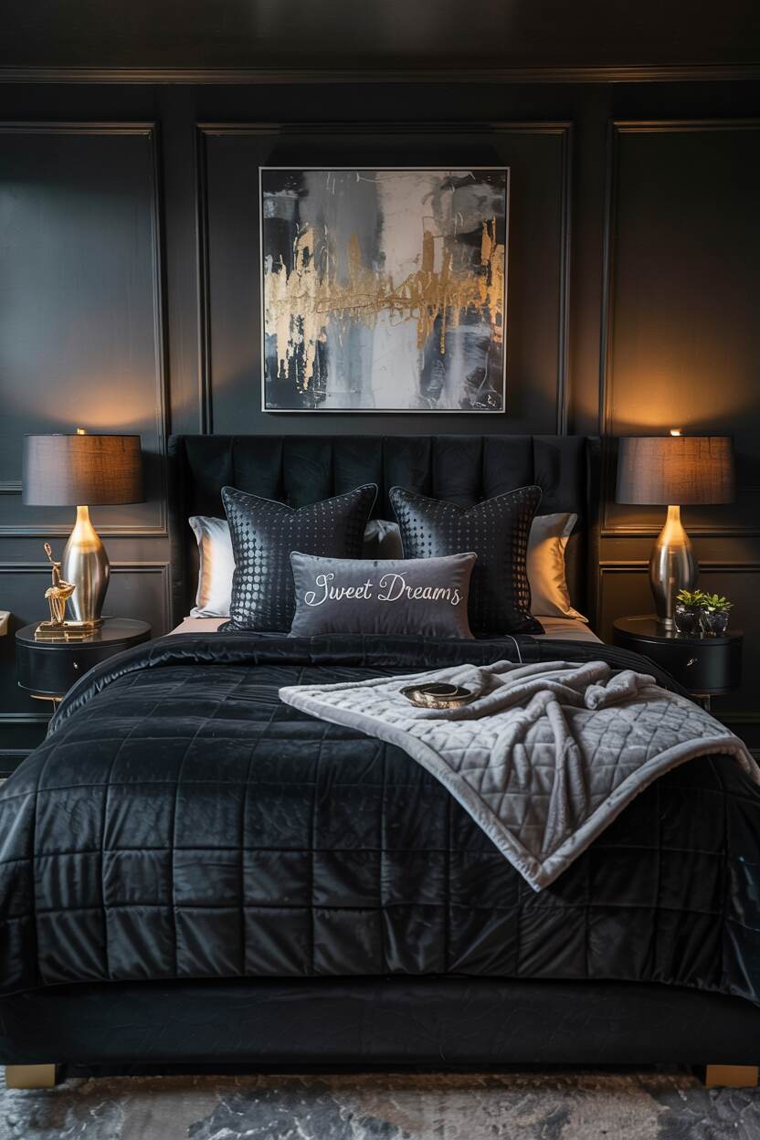 18 Black Bedroom Decor Ideas for a Bold Statement Look 10 Black bedroom with king-sized bed featuring a "sweet dreams" embroidered pillow