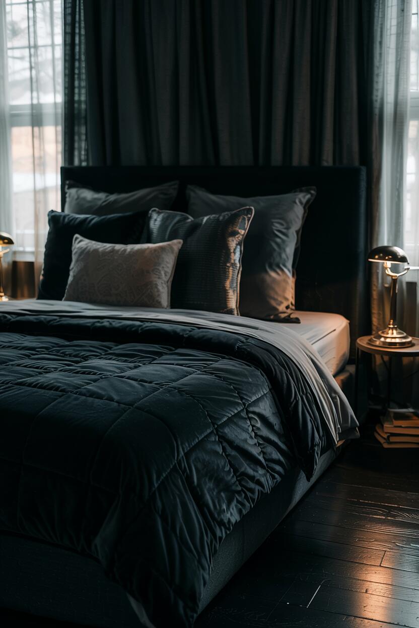 18 Black Bedroom Decor Ideas for a Bold Statement Look 11 Cozy black bedroom with king-sized bed and geometric patterns on the duvet