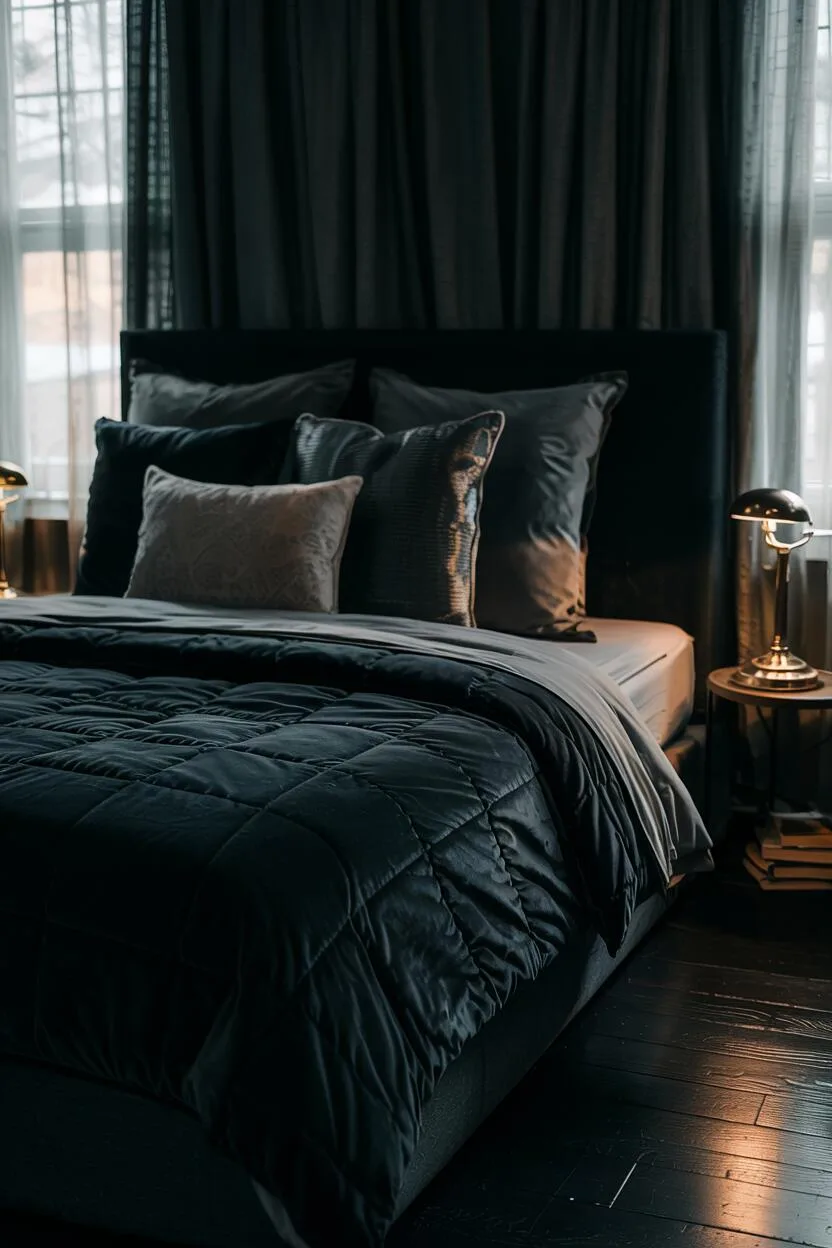 18 Black Bedroom Decor Ideas for a Bold Statement Look 11 Cozy black bedroom with king-sized bed and geometric patterns on the duvet