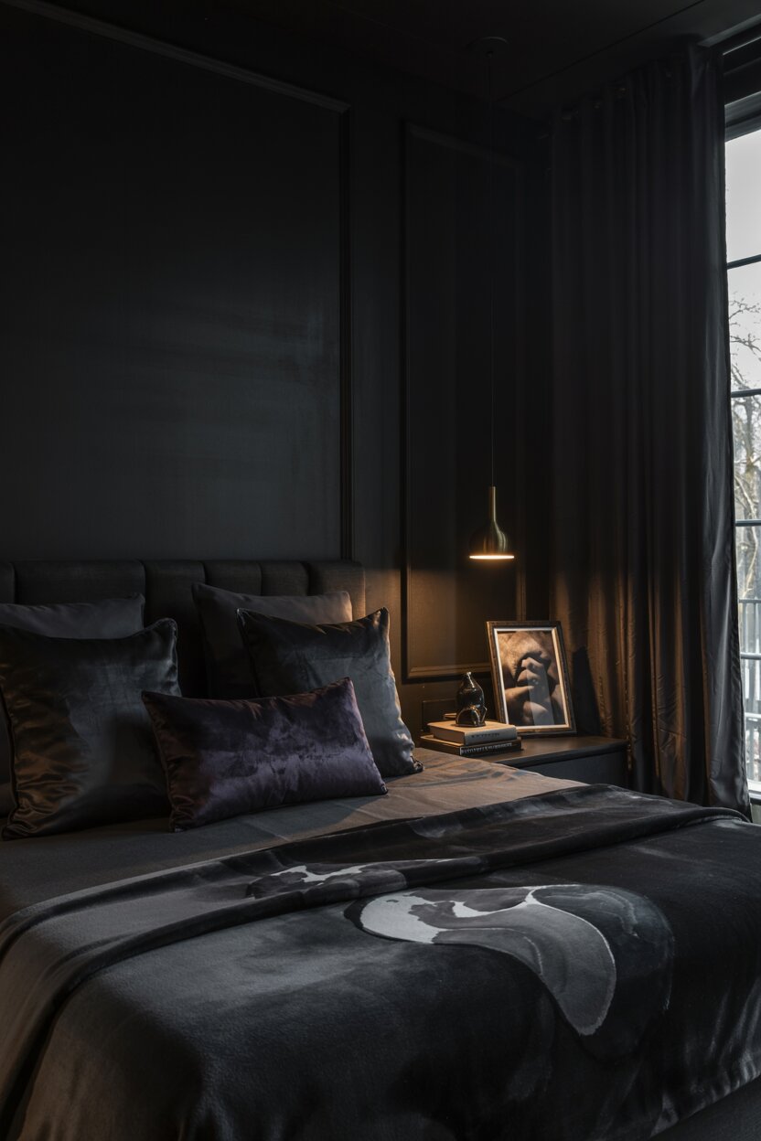 18 Black Bedroom Decor Ideas for a Bold Statement Look 12 Black bedroom with king-sized bed and deep purple velvet throw pillows