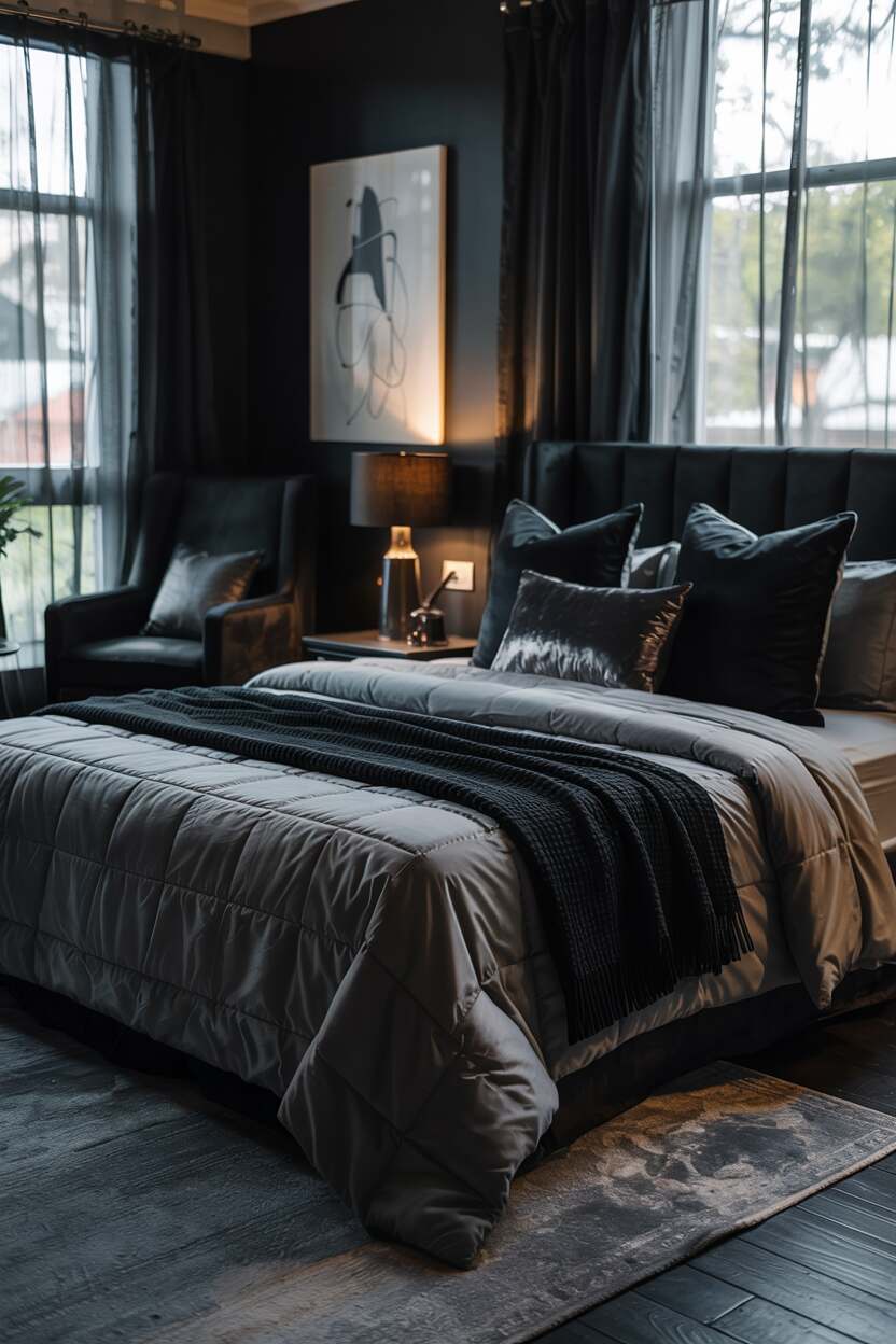 18 Black Bedroom Decor Ideas for a Bold Statement Look 13 Black bedroom with king-sized bed and abstract art above headboard