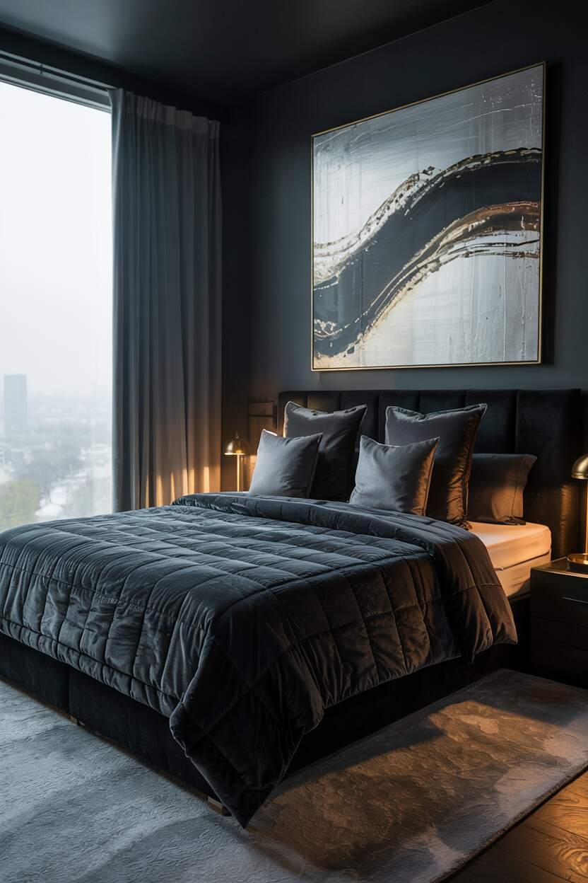 18 Black Bedroom Decor Ideas for a Bold Statement Look 14 Black bedroom with king-sized bed and window showing cityscape in fog