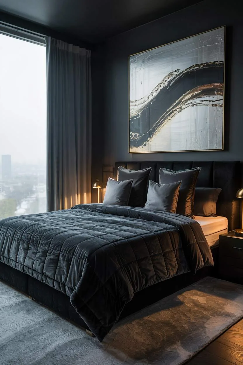 18 Black Bedroom Decor Ideas for a Bold Statement Look 14 Black bedroom with king-sized bed and window showing cityscape in fog