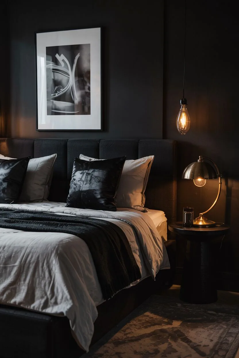 18 Black Bedroom Decor Ideas for a Bold Statement Look 15 Black bedroom with king-sized bed and framed abstract lines print above the bed