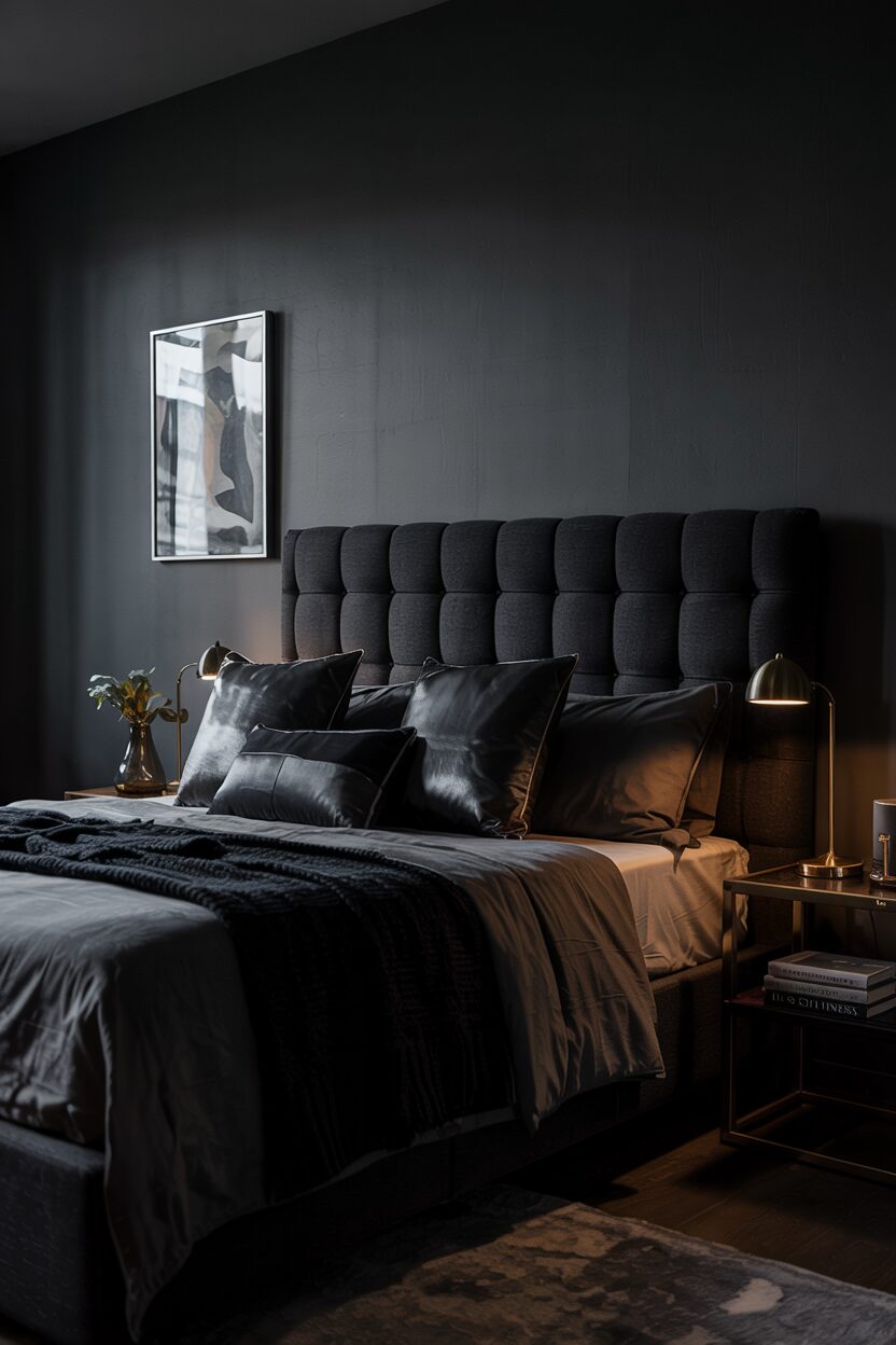 18 Black Bedroom Decor Ideas for a Bold Statement Look 16 Black bedroom with tufted headboard king-sized bed and stack of books