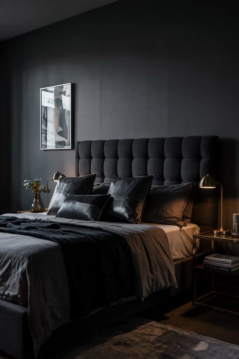18 Black Bedroom Decor Ideas for a Bold Statement Look 16 Black bedroom with tufted headboard king-sized bed and stack of books