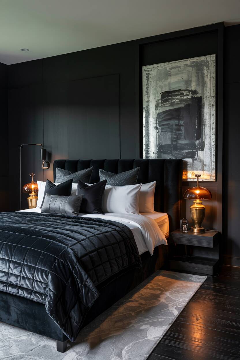 18 Black Bedroom Decor Ideas for a Bold Statement Look 17 Black bedroom with king-sized bed with white linens and dark hardwood floors