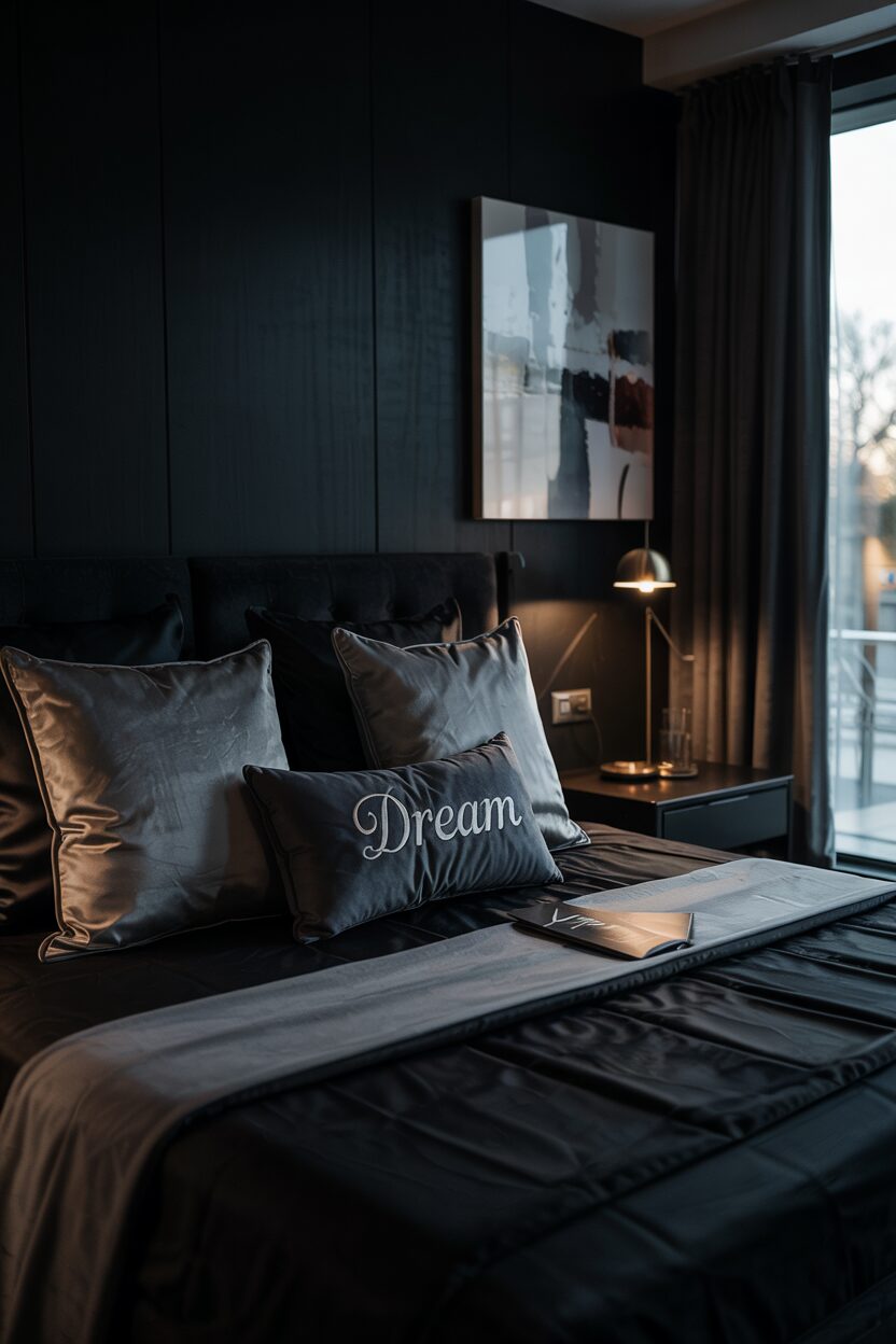 18 Black Bedroom Decor Ideas for a Bold Statement Look 18 Black bedroom with king-sized bed featuring a "dream" embroidered pillow