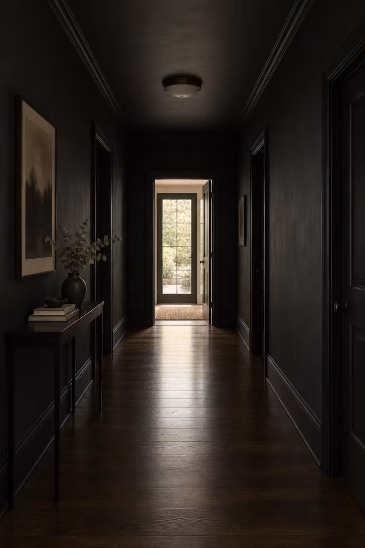 A long hallway with charcoal-black matte walls, black crown molding, black baseboards, and a black ceiling, lit by a single flush-mount fixture with a bright doorway at the far end.