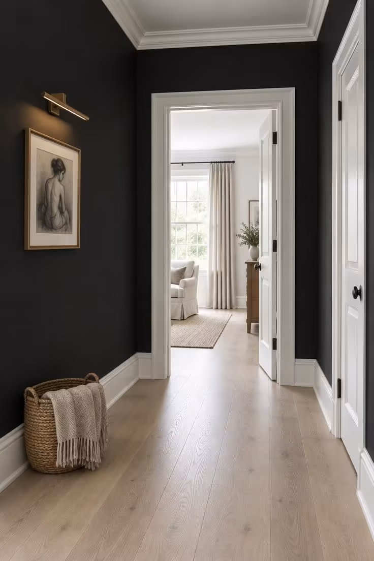 A hallway with black eggshell walls framed by white door casing, white baseboards, white crown molding, and a white ceiling, with pale oak flooring and soft daylight from a doorway.
