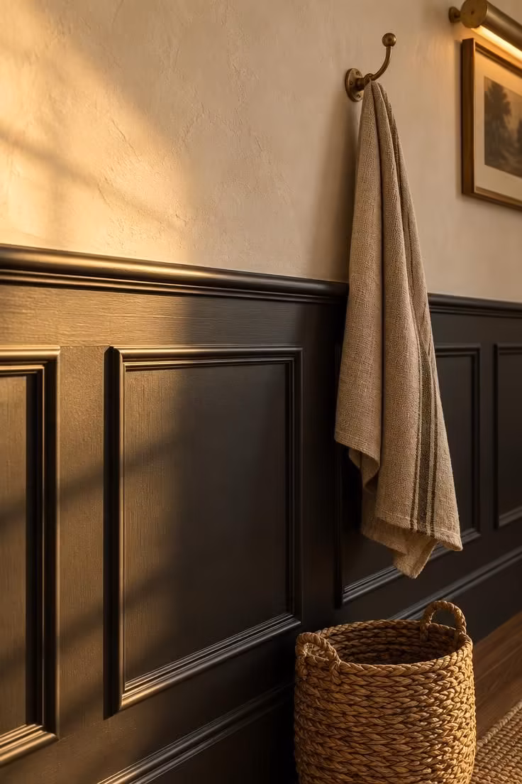 A close view of black paneled wainscoting meeting a warm off-white upper wall at a chair rail, with a brass hook and golden light raking across the panel edges.