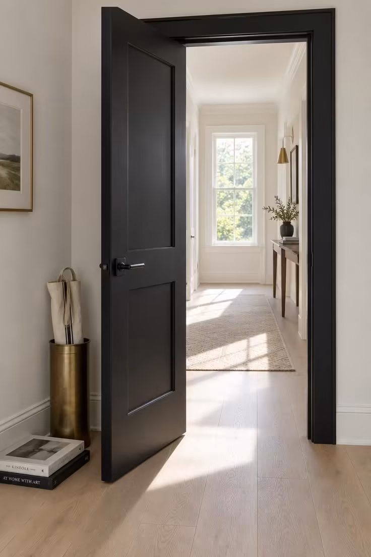 A black shaker-panel door standing open into a light hallway, with matching black casing and lever hardware, bright daylight casting a shadow rectangle on the pale floor.