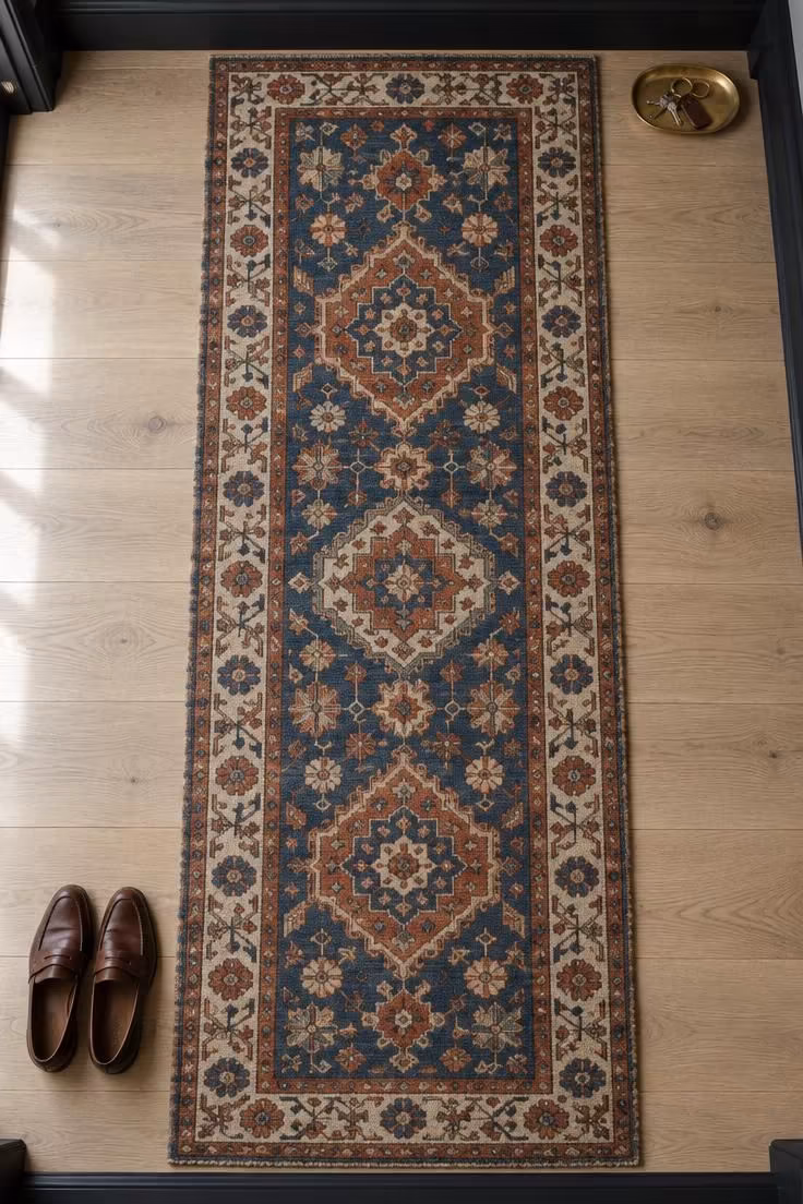 An overhead view of a patterned indigo, rust, and cream runner running down a pale wood hallway floor, with black baseboards visible at the edges.