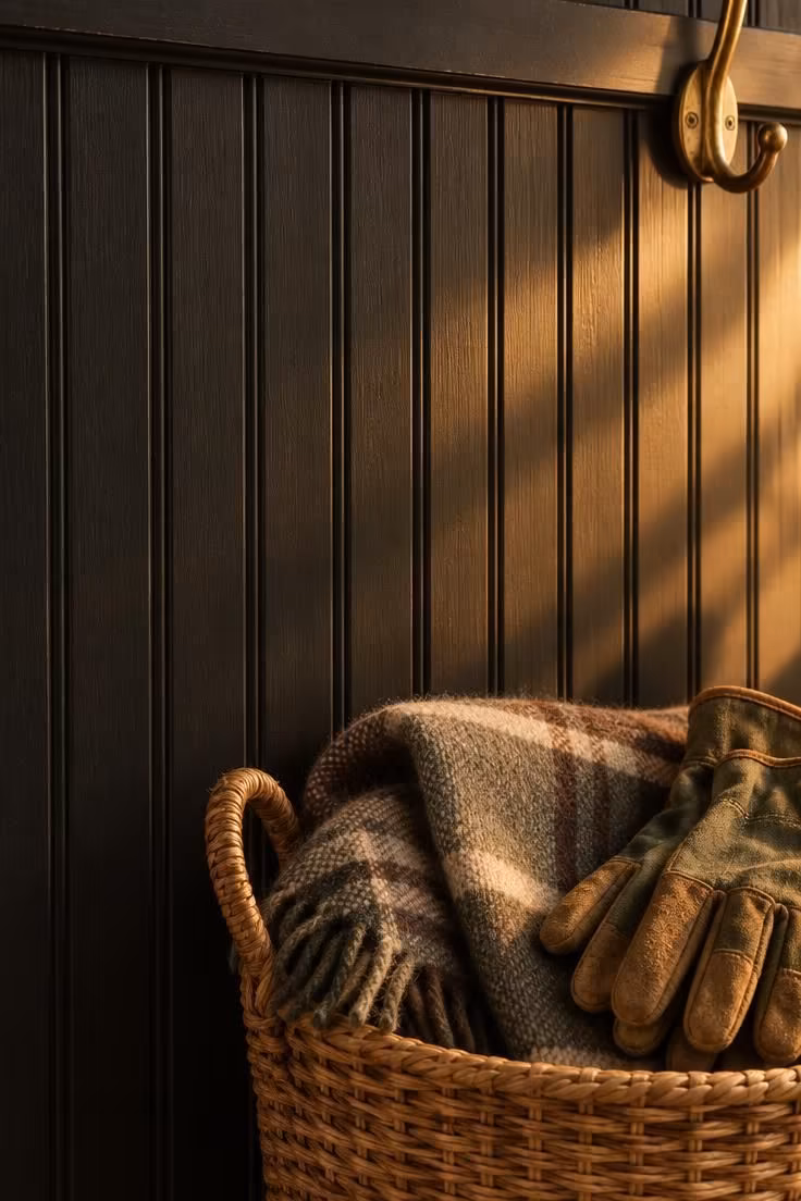 A close view of black beadboard paneling with a slim cap rail and a brass hook, lit by warm golden light that shadows each vertical groove.