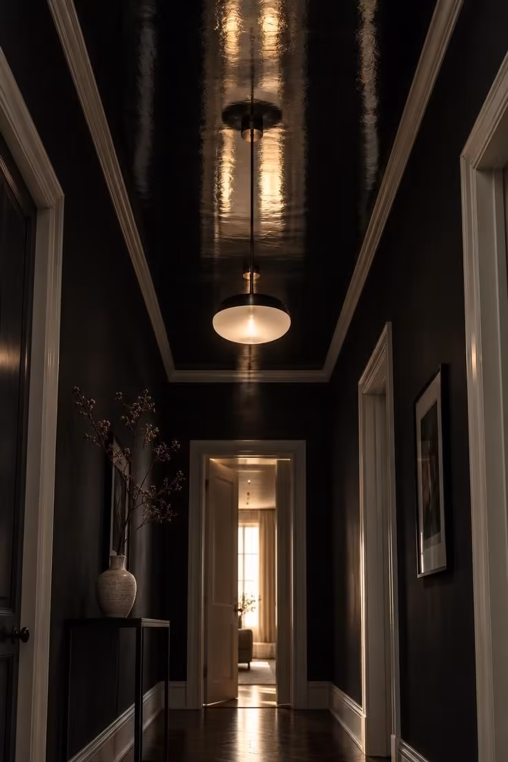 A low-angle view of a high-gloss black ceiling reflecting a pendant light and doorway glow, framed by matte black walls and pale trim.