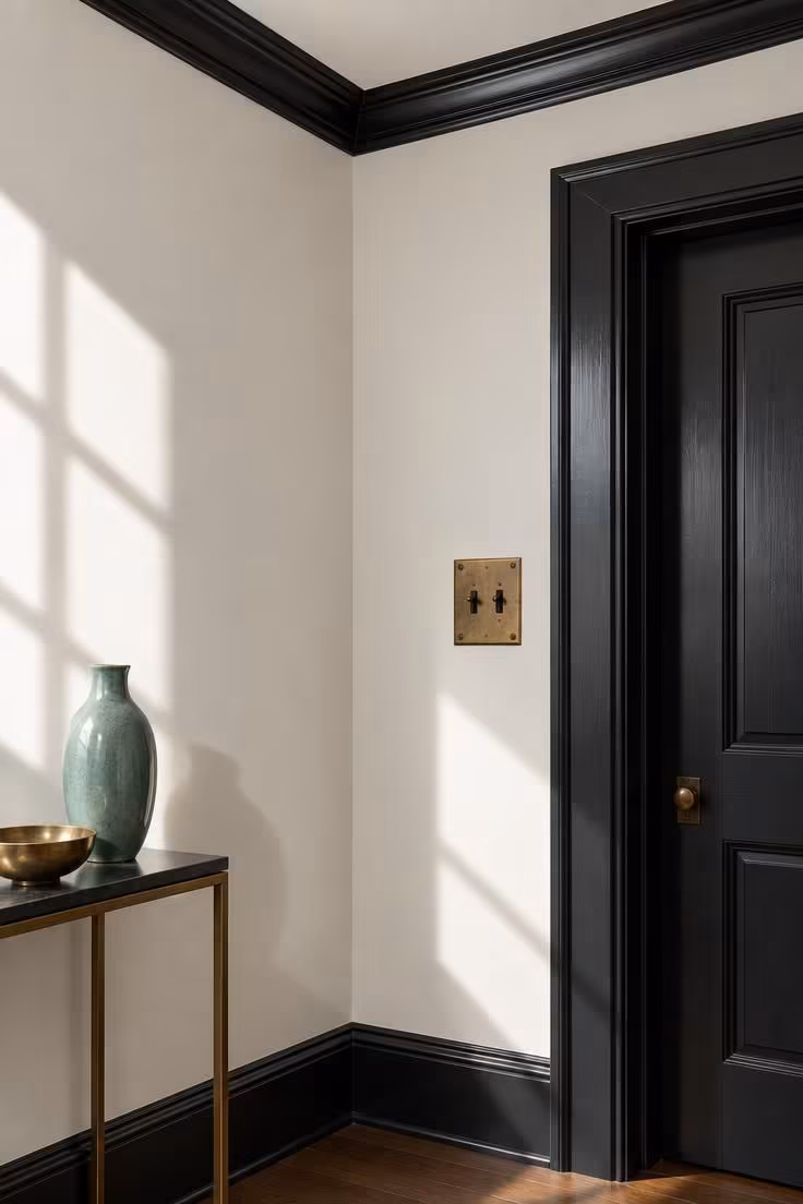 A close view of black baseboard, black door casing, and black crown molding meeting against pale walls and ceiling, with a black-and-brass switch plate nearby.