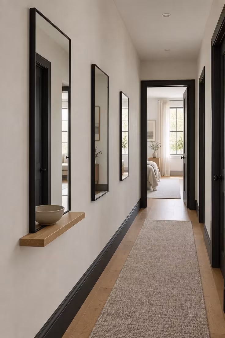 Three slim black-framed mirrors staggered along a pale hallway wall opposite black door casings, with soft morning light reflected down the corridor.