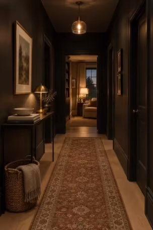 A cozy dusk view of a finished hallway with soft black painted walls, black trim, a rust and cream vintage runner, a slim console with a brass lamp, and warm light pooling against the dark walls.