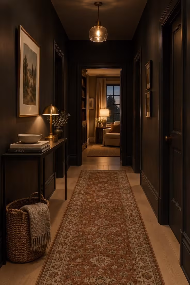 A cozy dusk view of a finished hallway with soft black painted walls, black trim, a rust and cream vintage runner, a slim console with a brass lamp, and warm light pooling against the dark walls.
