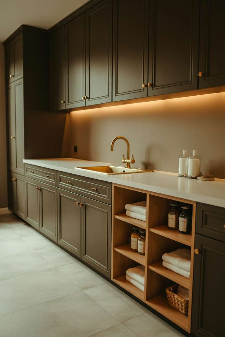 11 Chic Black Laundry Room Ideas That Elevate Your Space 1 Matte black floor-to-ceiling laundry room cabinets with brass hardware and white countertops