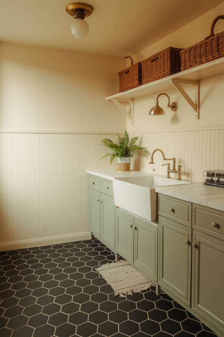 11 Chic Black Laundry Room Ideas That Elevate Your Space 10 Black hexagon tile floor with white beadboard and sage green cabinets in a vintage-inspired laundry room