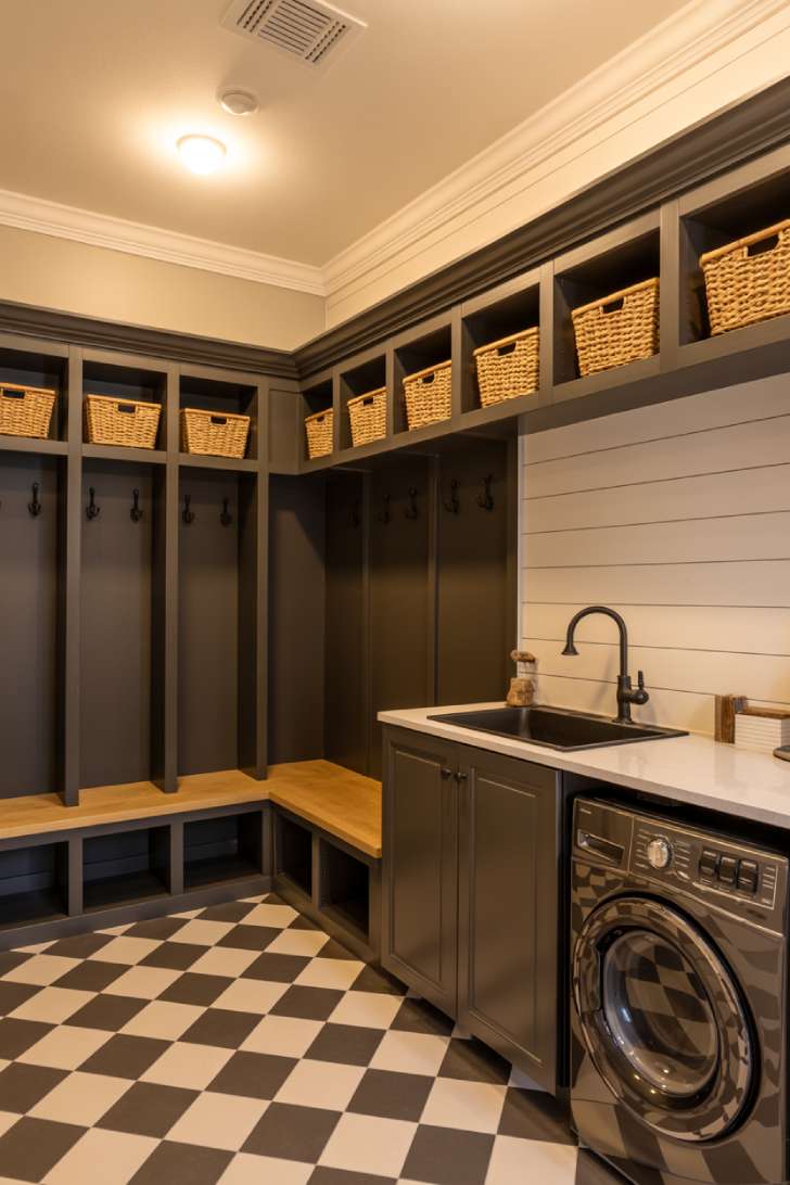 11 Chic Black Laundry Room Ideas That Elevate Your Space 11 Black built-in locker mudroom and laundry room combination with checkerboard floor and oak bench