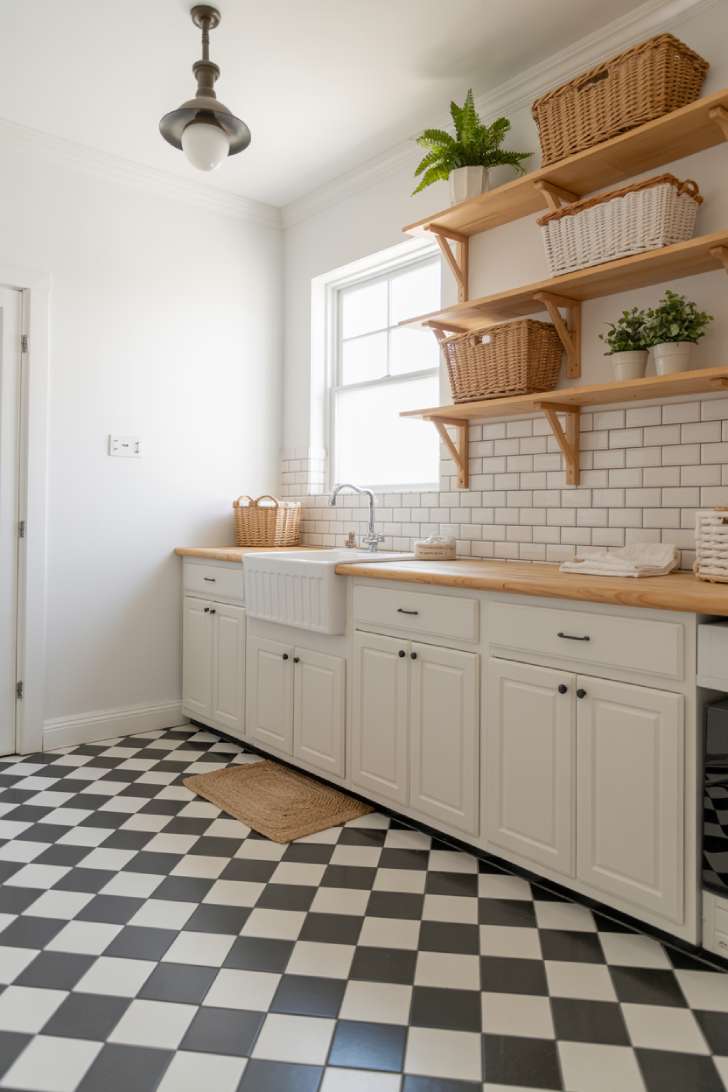 11 Chic Black Laundry Room Ideas That Elevate Your Space 2 Black and white checkered tile floor laundry room with white shaker cabinets and farmhouse sink