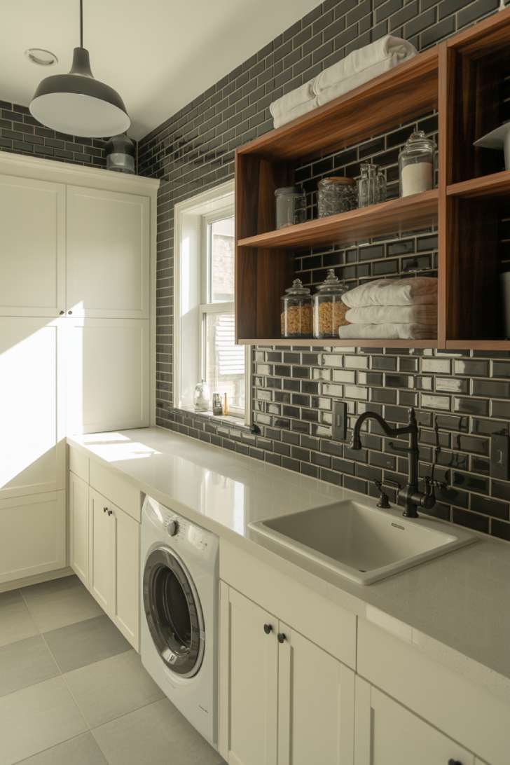 11 Chic Black Laundry Room Ideas That Elevate Your Space 4 Black subway tile backsplash with white cabinets and walnut shelving in a modern laundry room