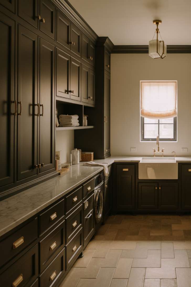 11 Chic Black Laundry Room Ideas That Elevate Your Space 5 Black shaker cabinets with brushed brass hardware and Carrara marble countertop in a luxury laundry room