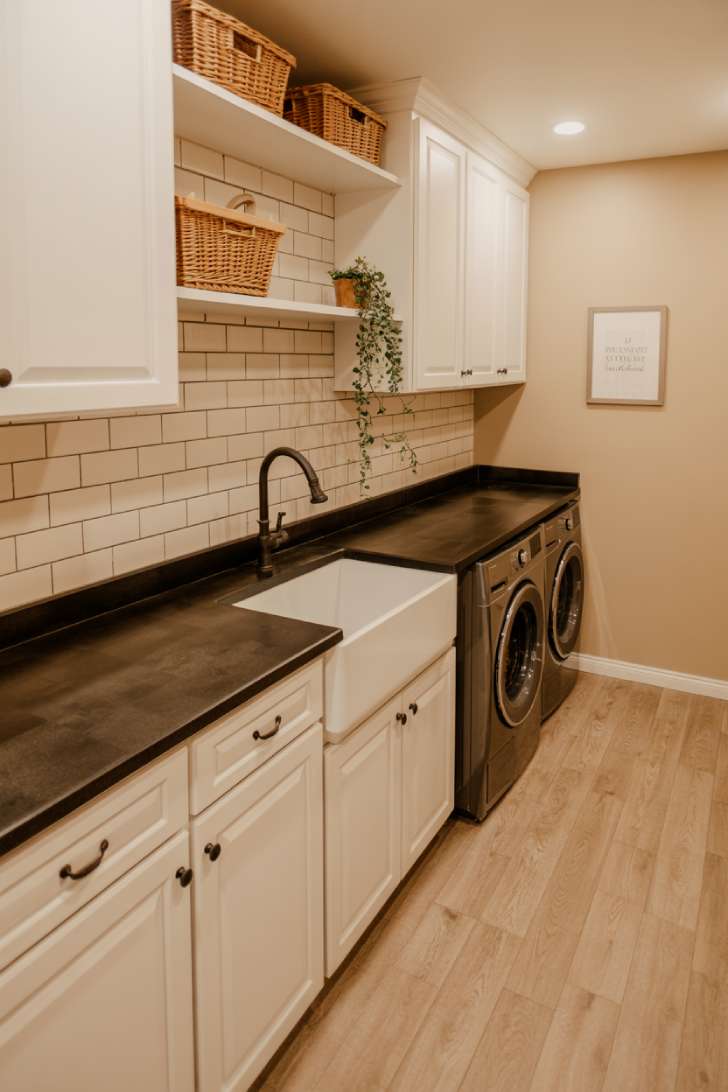 11 Chic Black Laundry Room Ideas That Elevate Your Space 6 Leathered black granite countertop over washer and dryer with white cabinets and farmhouse sink