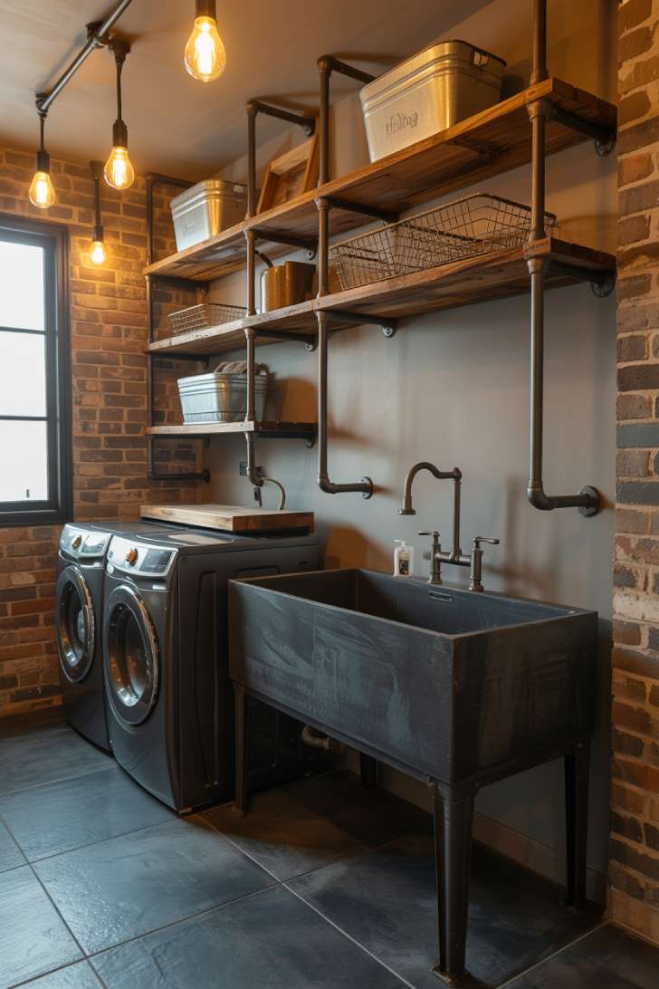 11 Chic Black Laundry Room Ideas That Elevate Your Space 7 Industrial black laundry room with open metal shelving, concrete sink, and Edison bulb lighting