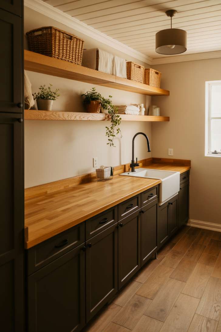 11 Chic Black Laundry Room Ideas That Elevate Your Space 8 Matte black cabinets with butcher block countertop and oak shelving in a warm Scandinavian laundry room