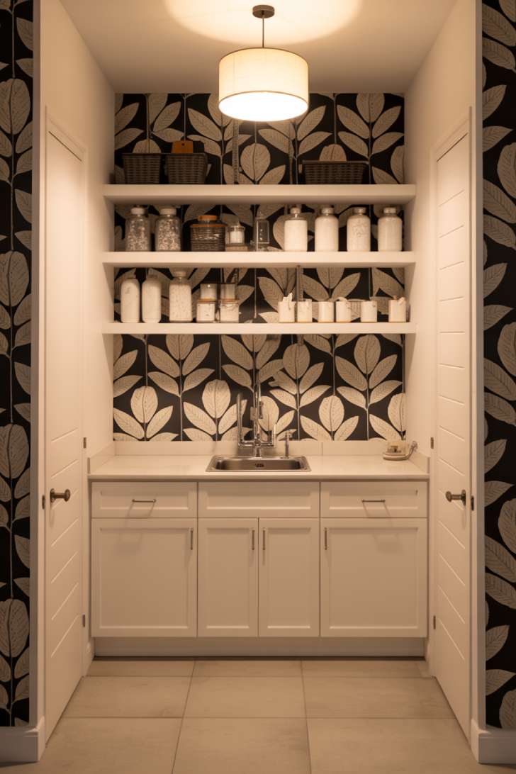 11 Chic Black Laundry Room Ideas That Elevate Your Space 9 Bold black and white botanical wallpaper as a feature wall in a white laundry room with open shelving