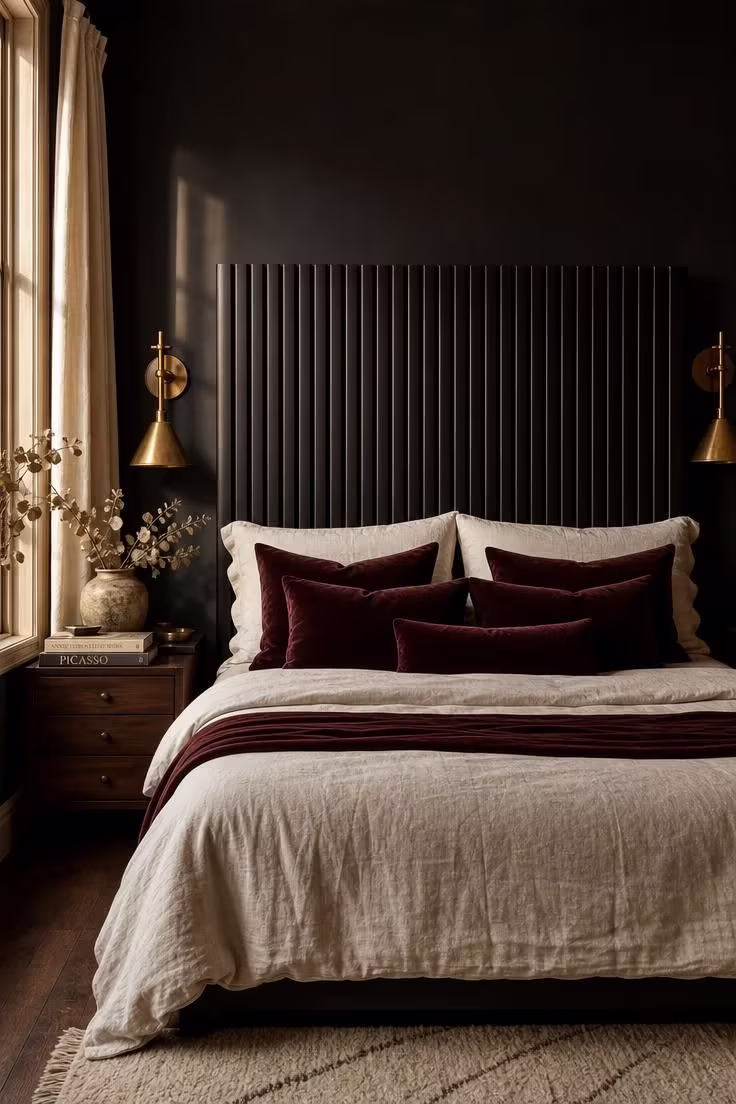 13 Moody Black Nouveau Bedroom Ideas Worth Trying Now 1 Fluted ebony headboard with unlacquered brass wall sconces in a black nouveau bedroom with ivory bedding and wine-toned pillows.