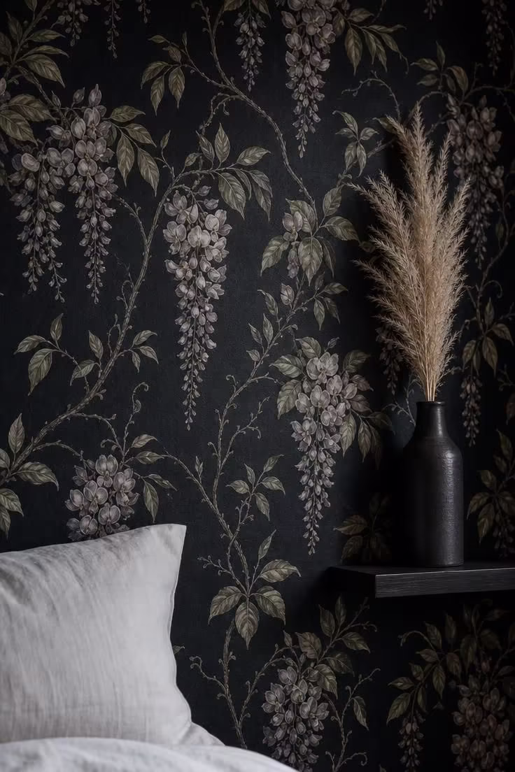 13 Moody Black Nouveau Bedroom Ideas Worth Trying Now 3 Close-up of Art Nouveau climbing vine botanical wallpaper on a black ground with sage and ivory floral details in cool morning light.